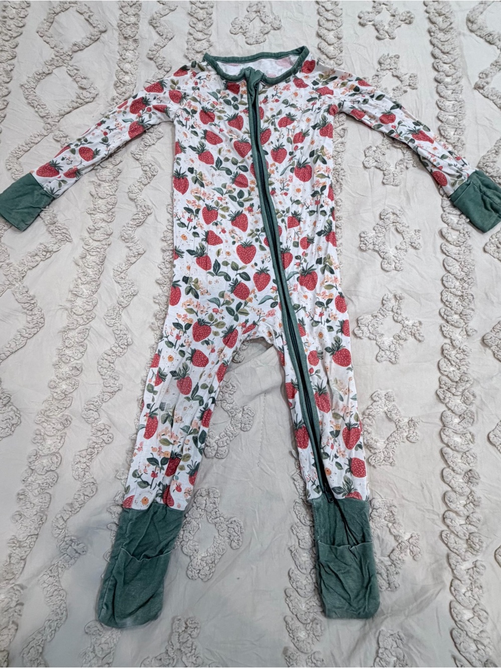 Kids Strawberry-Print Footed One-Piece Bamboo Pajamas with Green Trim